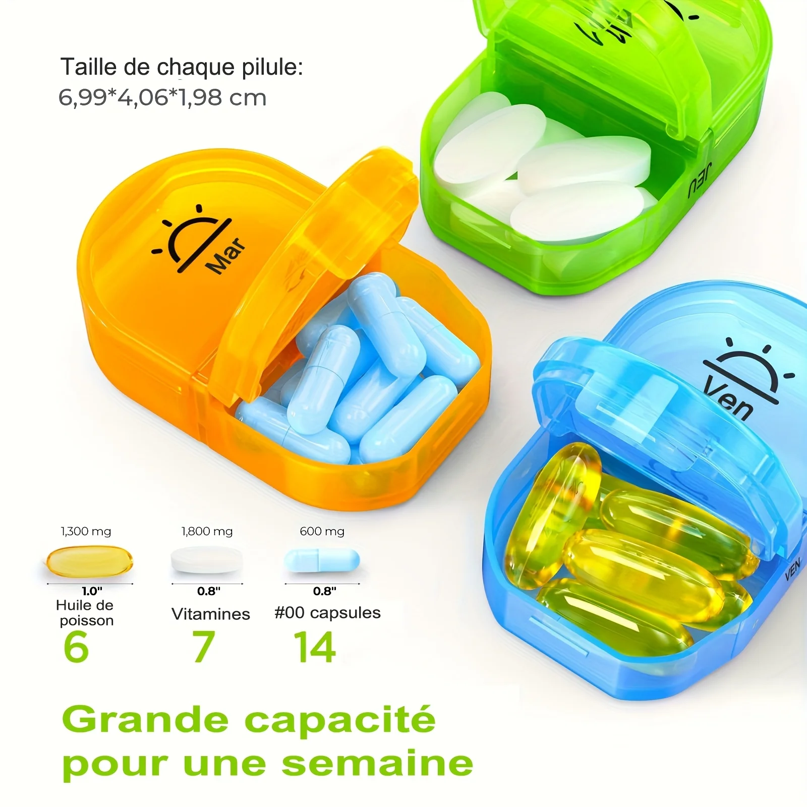 [الطباعة الفرنسية] صندوق حبوب/طاولة لمدة 7 أيام مع حجرتين، صندوق دواء مفيد ومقاوم للرطوبة