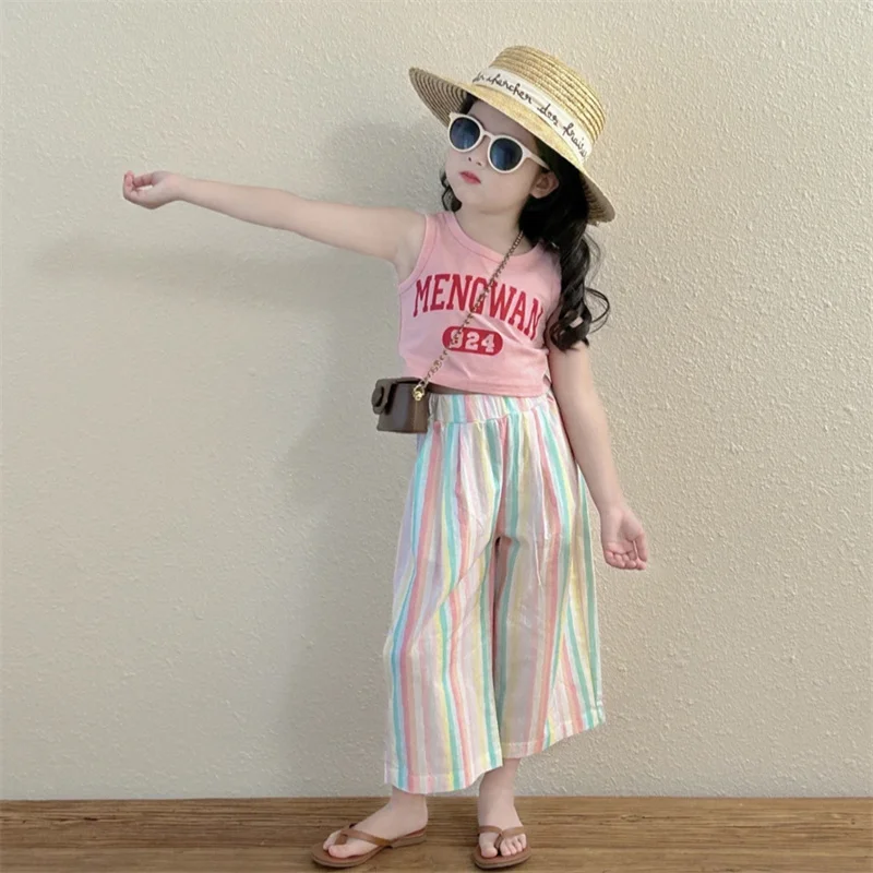 Children's Vest Sets Girls Sweet Suit Summer Sleeveless Top Striped Trousers 2 Pieces New Kids Thin Fashion Casual Outfit