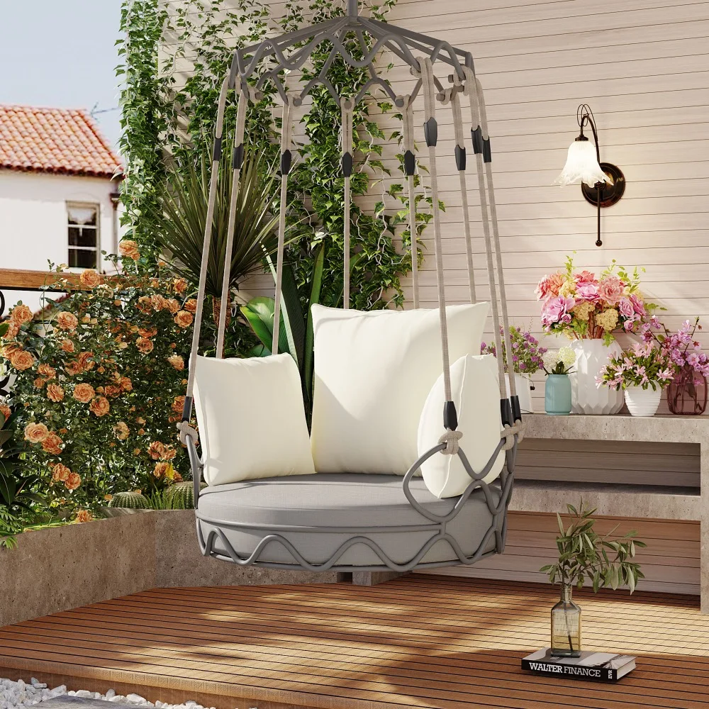

Outdoor Porch Swing Chair Hanging Basket, Hanging Chair with UV Resistant Cushion, Olefin Fabric for Patio Porch, Balcony