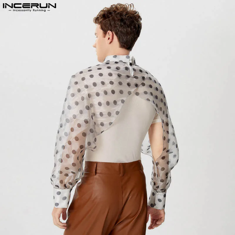 INCERUN Men Irregular T Shirt Polka Dot Printing Stand Collar Long Sleeve Crop Tops Men Streetwear Flower 2024 Fashion Camisetas