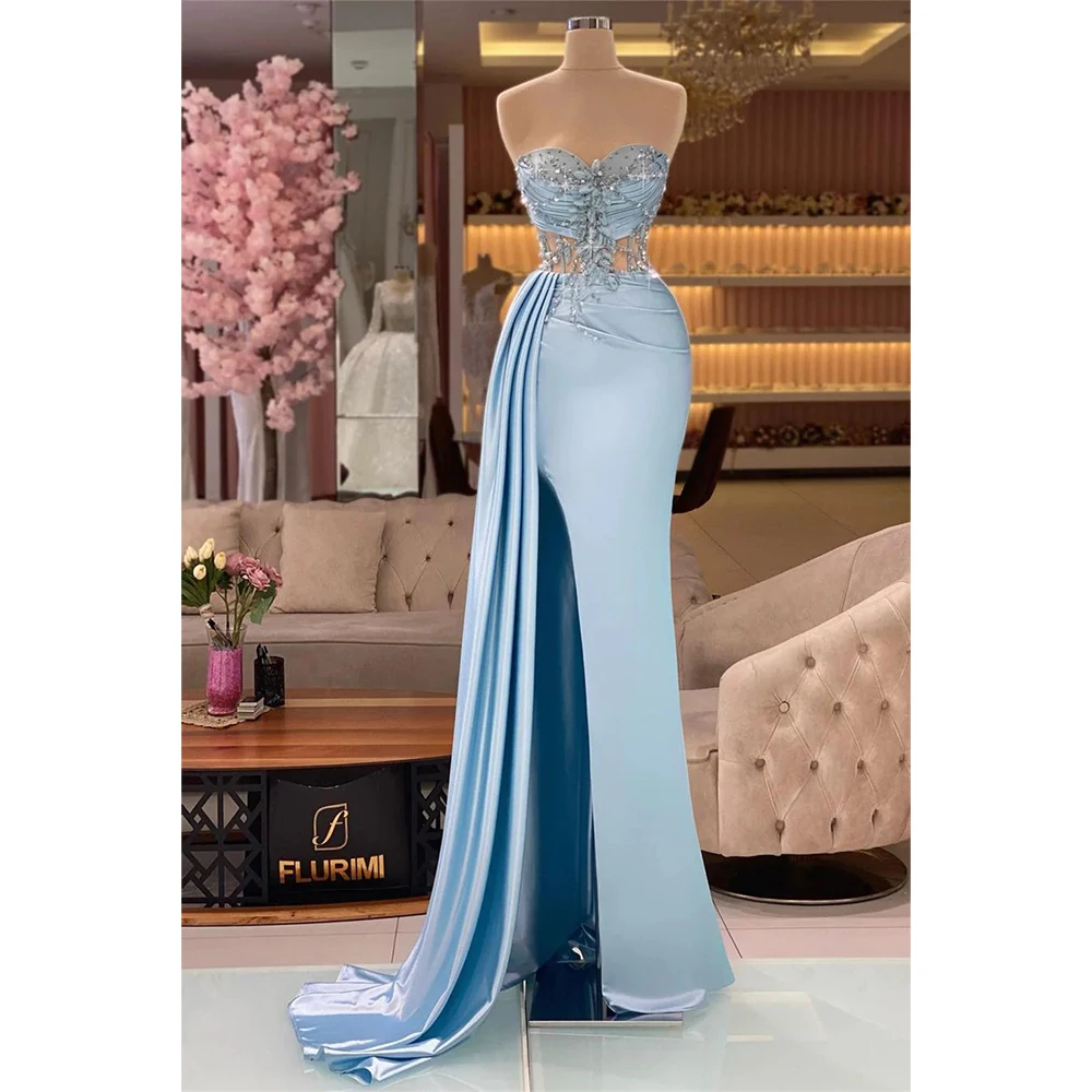 Sky Blue Evening Dress Sequined Appliques Beading Satin Slit Floor Length Special Event Luxury Prom Gown Robes de Soirée 2024