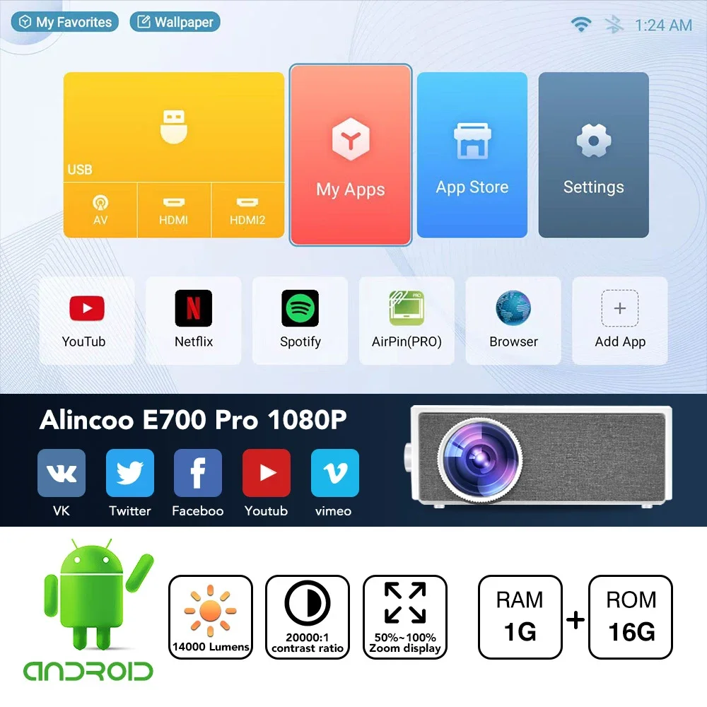 Alincoo E700 Pro Android Proiettore LCD ad alta luminosità 14000 lumen Full Hd 1920 X 1080 Smart Video Wifi Projekwyn