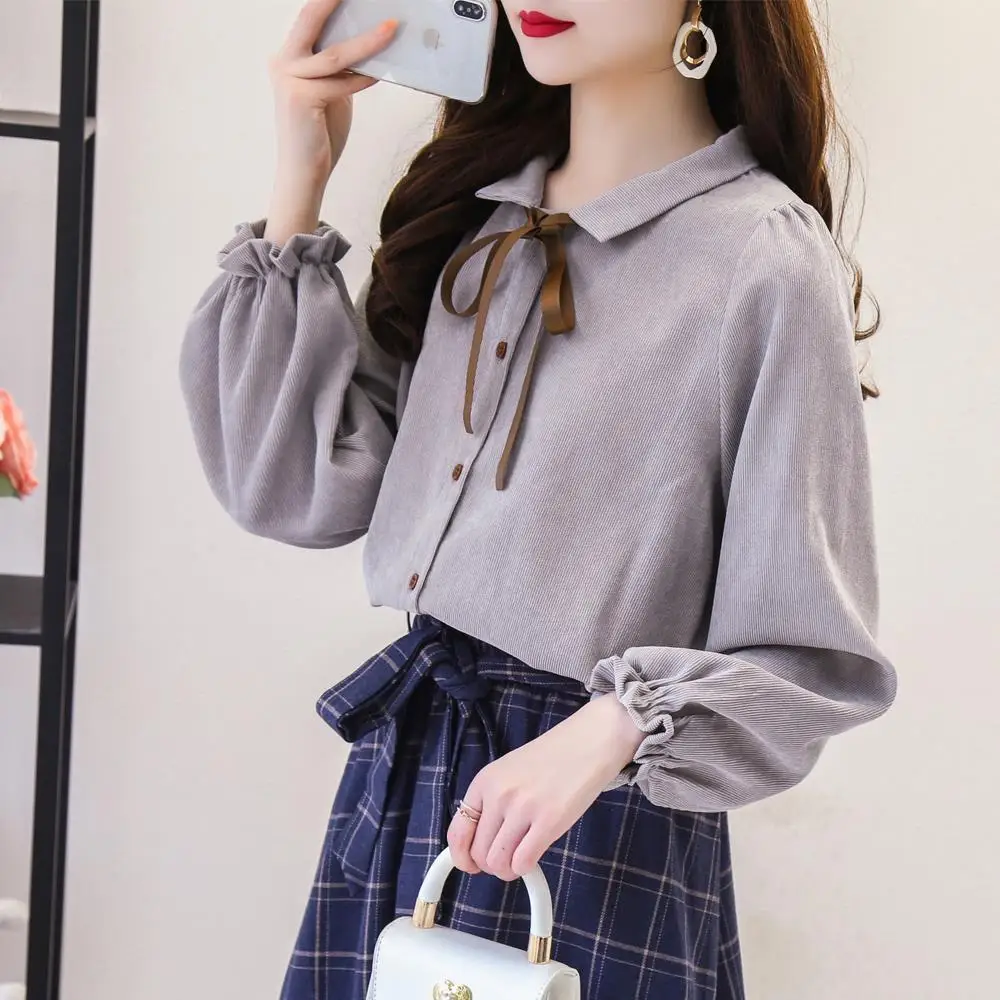 女性のヴィンテージコーデュロイシャツエレガントなターンダウンカラー長袖シャツ綿無地ルーズブラウス女性トップス JJ276