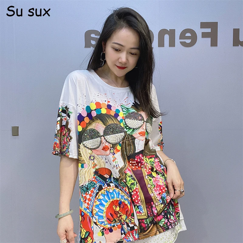 Beading Multicolour Print Short Sleeve Oversize T-shirts Women Korean Popular Clothes Tops Casual Tees Vestidos Streetwear 120cm