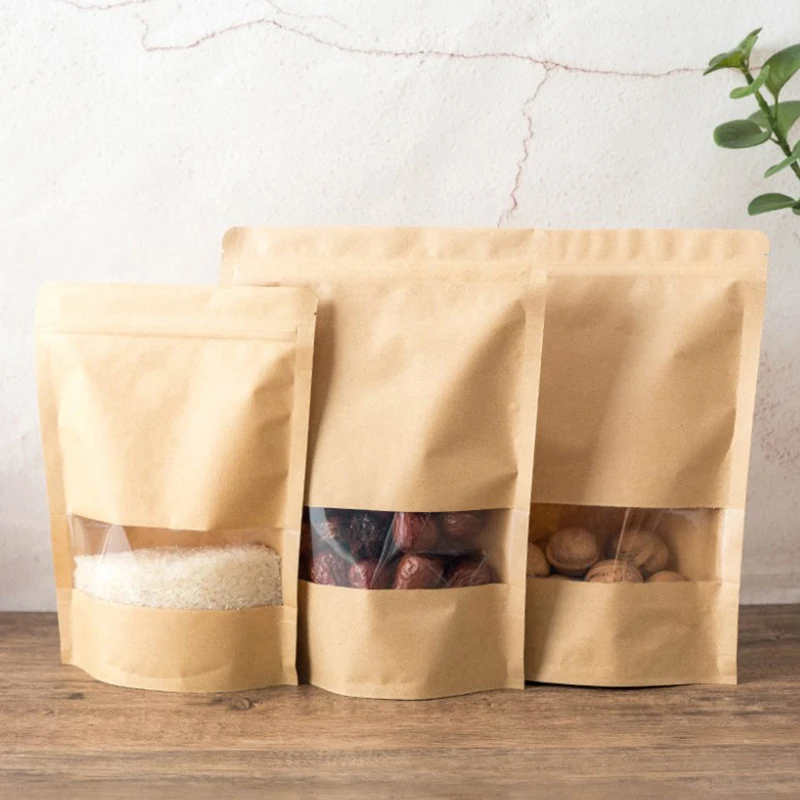 Thick Craft Zip Lock Flat Pouches Food Coffee Cookies Tea Gift Black White Brown Kraft Paper Package Bags With Clear Window