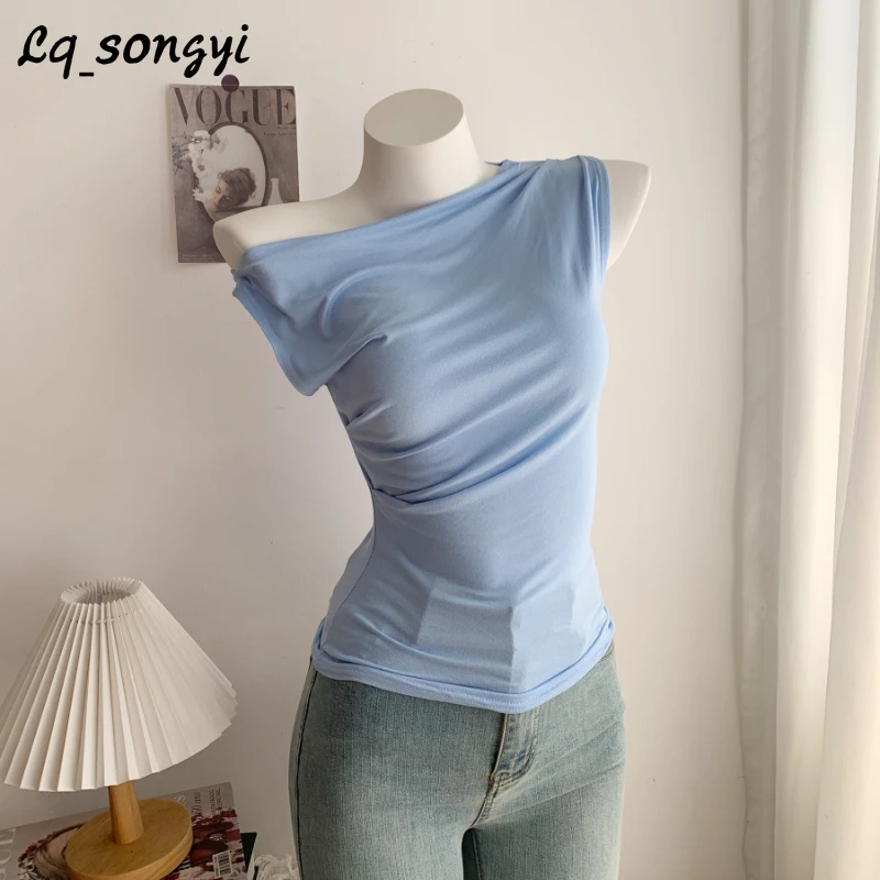 

Lq_songyi Summer Pleated Tank Top Women Elegant Sexy T Shirts High Strecth Solid Tops Irregular Slim Sleeveless T Shirt