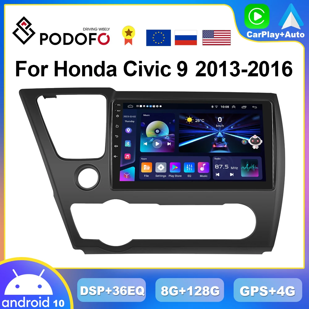 

Podofo 4G CarPlay Android Radio For Honda Civic 9 2013-2016 Car Multimedia Player 2din GPS Stereo Head Unit AI Voice DSP HiFi FM