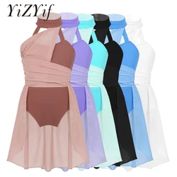 Kid Girls Ballet Dance Leotard Dress Sleeveless Ruched Chiffon Bodice Caged Back Gymnastics Figure Skating Lyrical Dance Costume