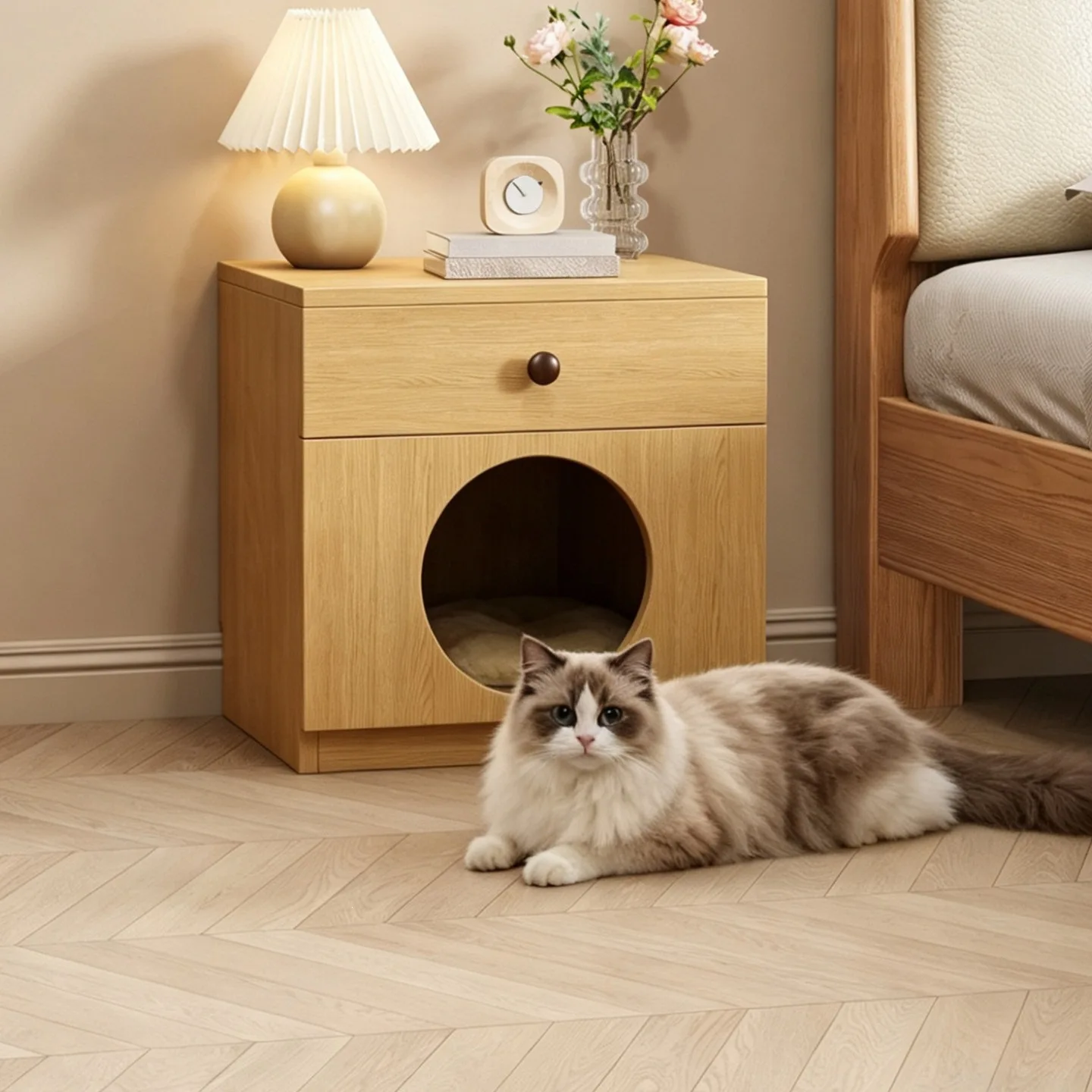 Solid wood cat nest bedside table combination rental house multi-functional locker bedroom storage side cabinet household