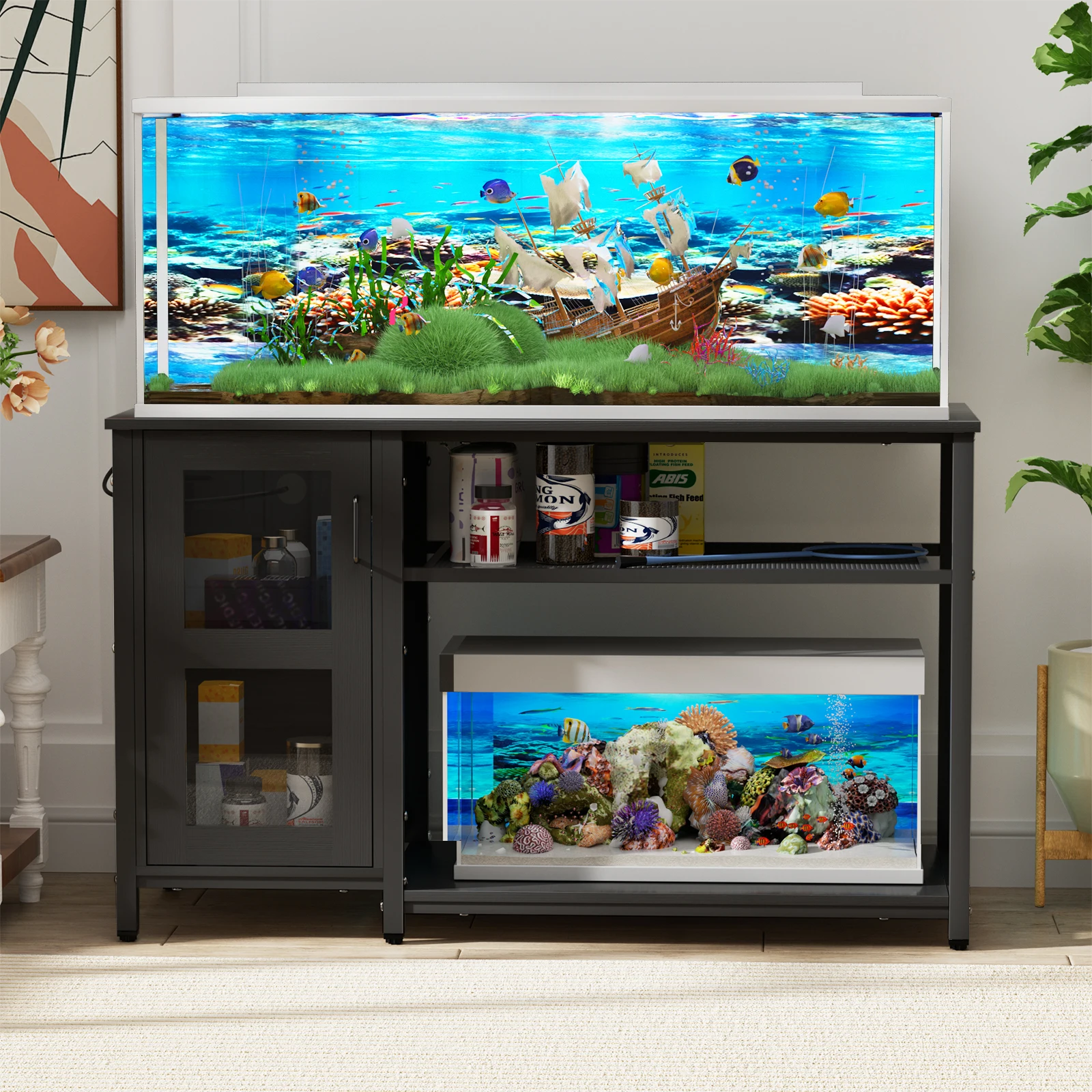 

5-10 Gallon Fish Tank Stand, Heavy Duty Aquarium Stand with Cabinet & Power Outlets for Fish Tank Accessories Storage