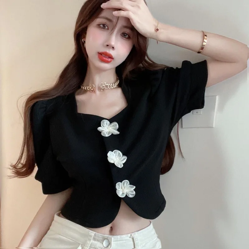 

Design Sense Short Bubble Short Sleeve designer Shirt Women's Summer New French Lady Square Neck Short Western Style Top Fashion