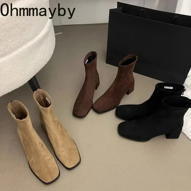 Jesienno-zimowe polary damskie skarpety botki moda kwadratowy obcas damskie eleganckie utrzymuj ciepłe krótkie botki obuwie damskie