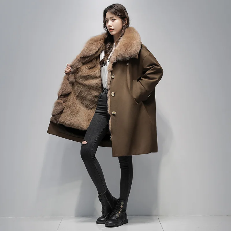 

Women's Parka Coat Winter New Style Turn-down Collar Fur Jacket Rabbit Fur Inner Fox Fur Collar Long Sleeve Casual Style