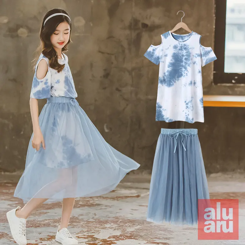 New Summer Korean Version Gauze Dress Big Child Girl Western-style Tie-dye Two-piece Set Girl Dresses