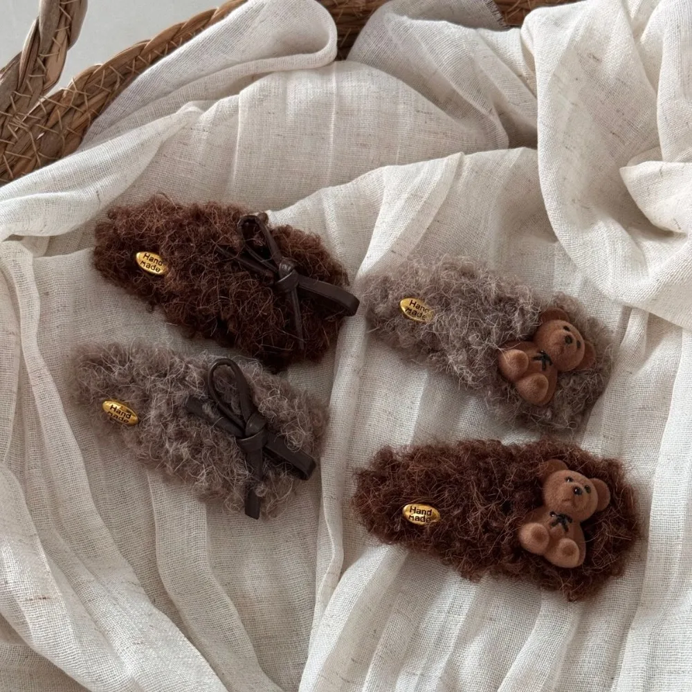 Bear Hair Clip Lambswool Bow Teardrop Side Hairpin for Women Girls Daily Kawaii Cute Fluffy Fashion Hair Accessory Gift Idea