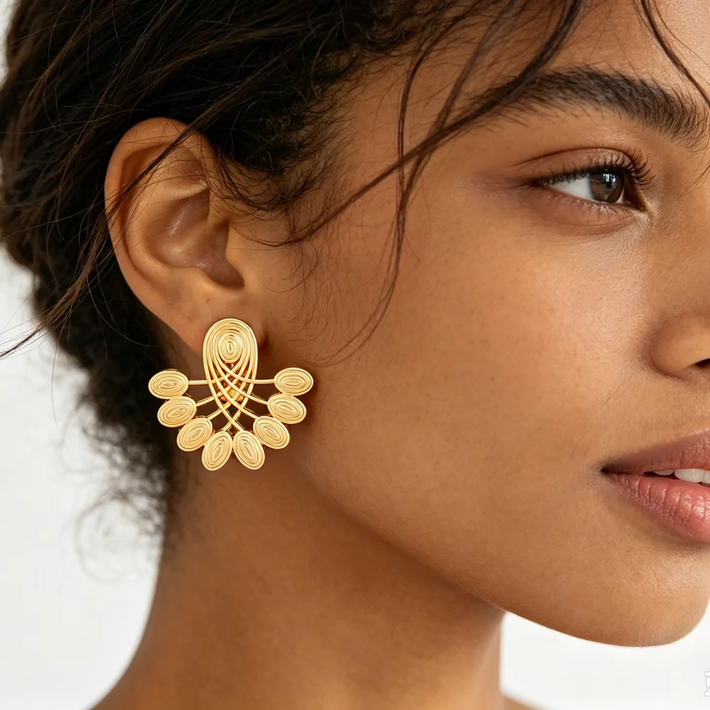 Vintage 18K vergoldetes florales geflochtenes Ohrringe-Ring-Set für Damen, afrikanischer ethnischer Statement-Schmuck, Hochzeitsgeschenk – Detail 7
