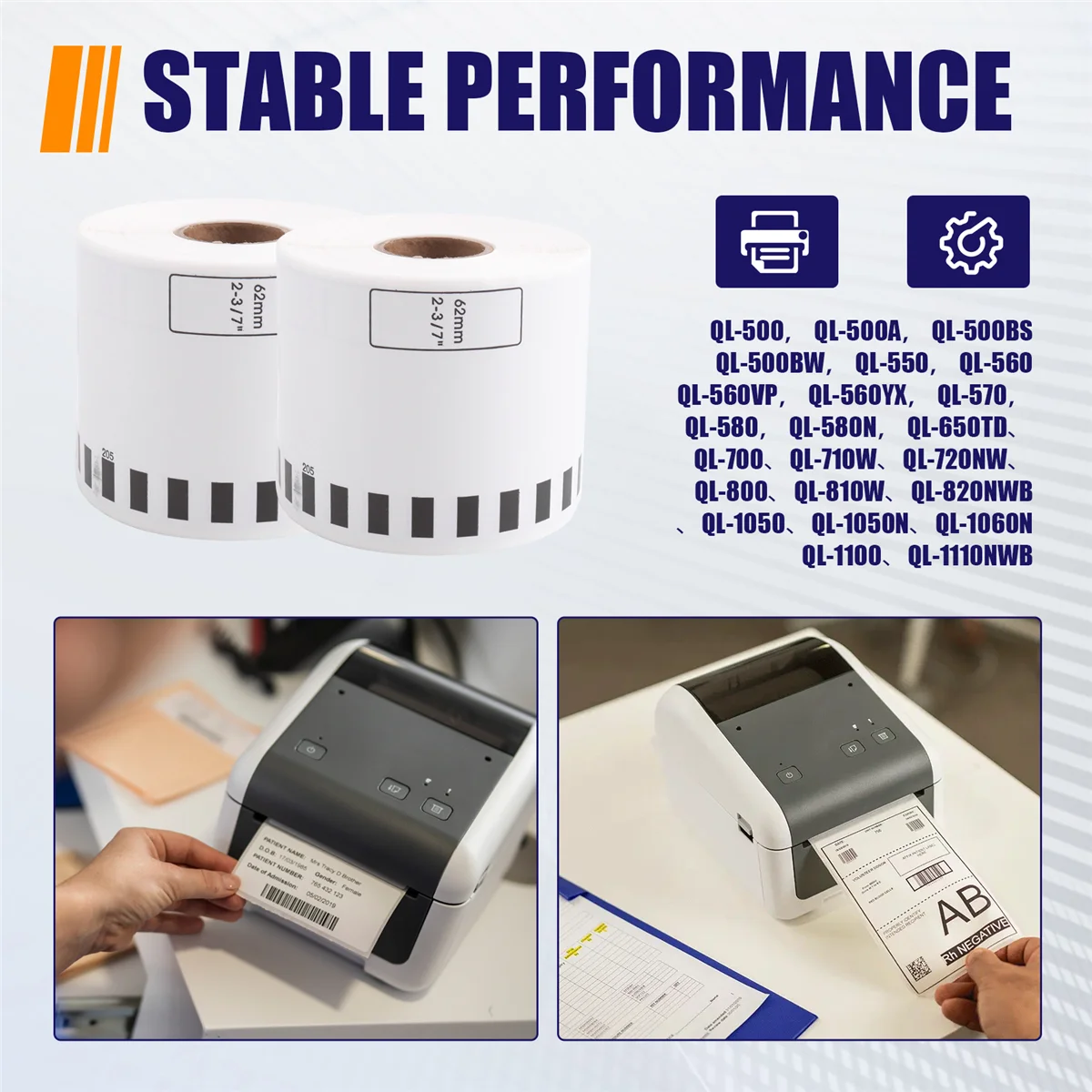 SMIEA 5 rotoli di ricarica compatibili con etichette DK-22205 62mmx30,48M continuo compatibile per stampante per etichette Brother Carta bianca DK22205