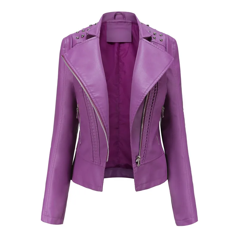

Autumn Women Purple PU Jackets, Stud and Zipper Decorated Leather Jackets, Pink motorcycle Coats