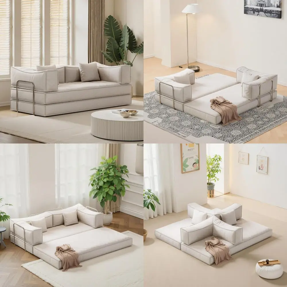 

Corduroy Sofa Bed with Removable Backrest and Pillows, Metal Frame Fold-Out Couch for Living Room Comfort