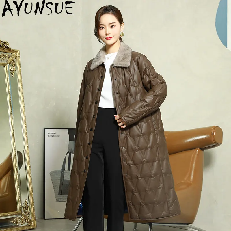 

AYUNSUE 100% Real Sheepskin Jacket Women Winter Long Down Coat Mink Fur Collar Down Coats Slim Jackets Outwears Jaqueta De Couro