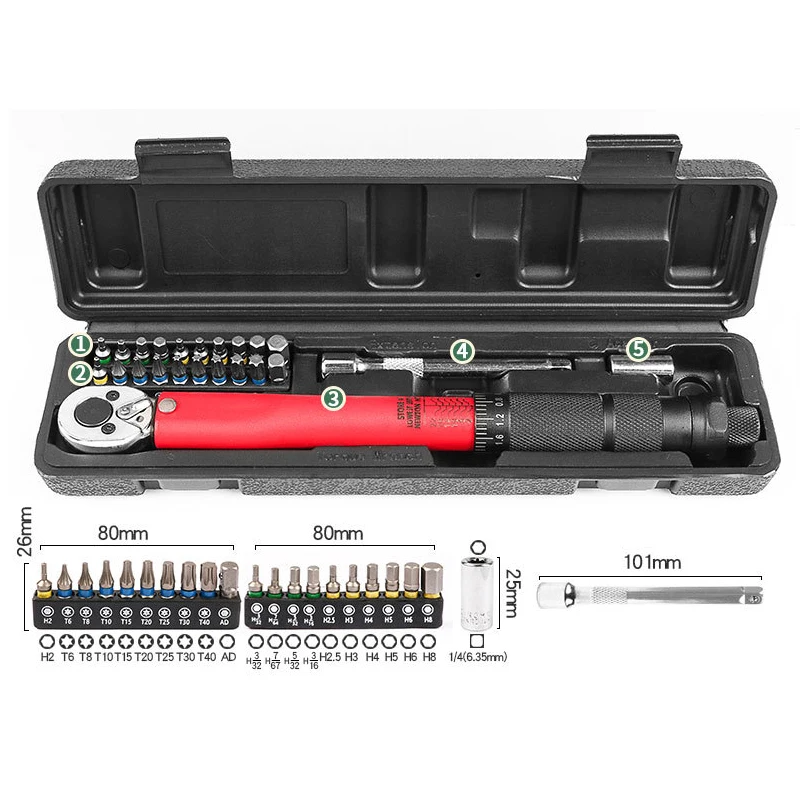 23PCS 1/4inch Drive 2-24N Tire Torque Wrench Kilogram Torque Wrench Socket Set Car Repair Tool  Ratchet Quick Wrench Sleeve