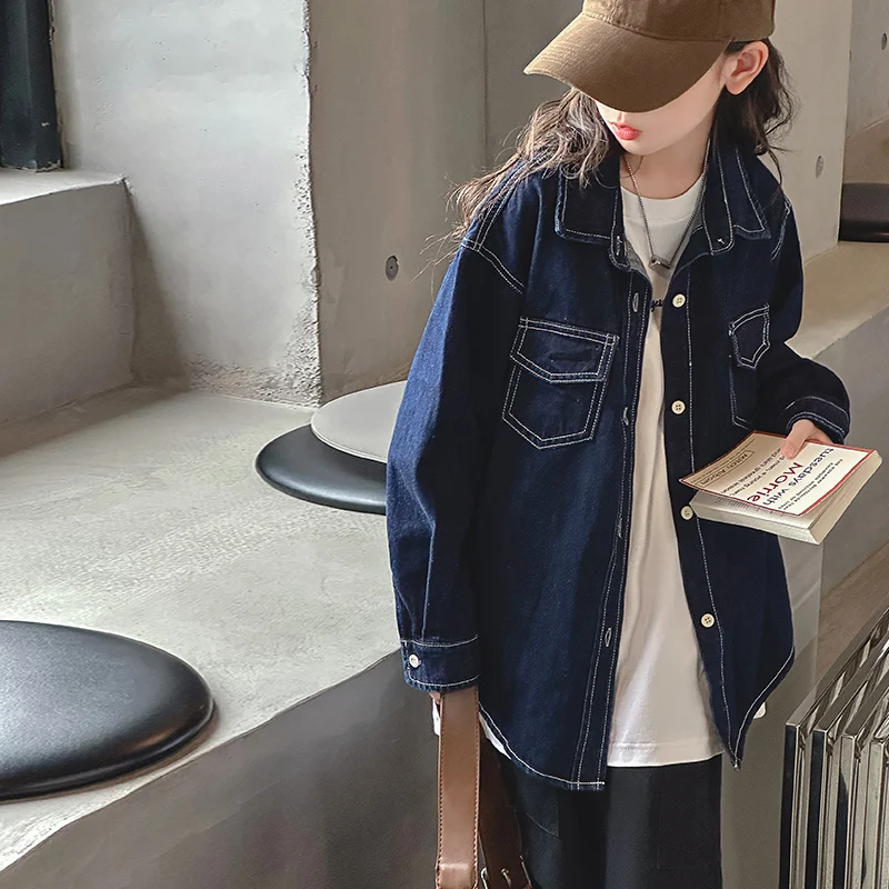 Rolanko Girls Denim Coat Oversized Button Down Shacket Long Sleeve Jean Shirt Jacket Tops with Pocket 5-14 Years image 5