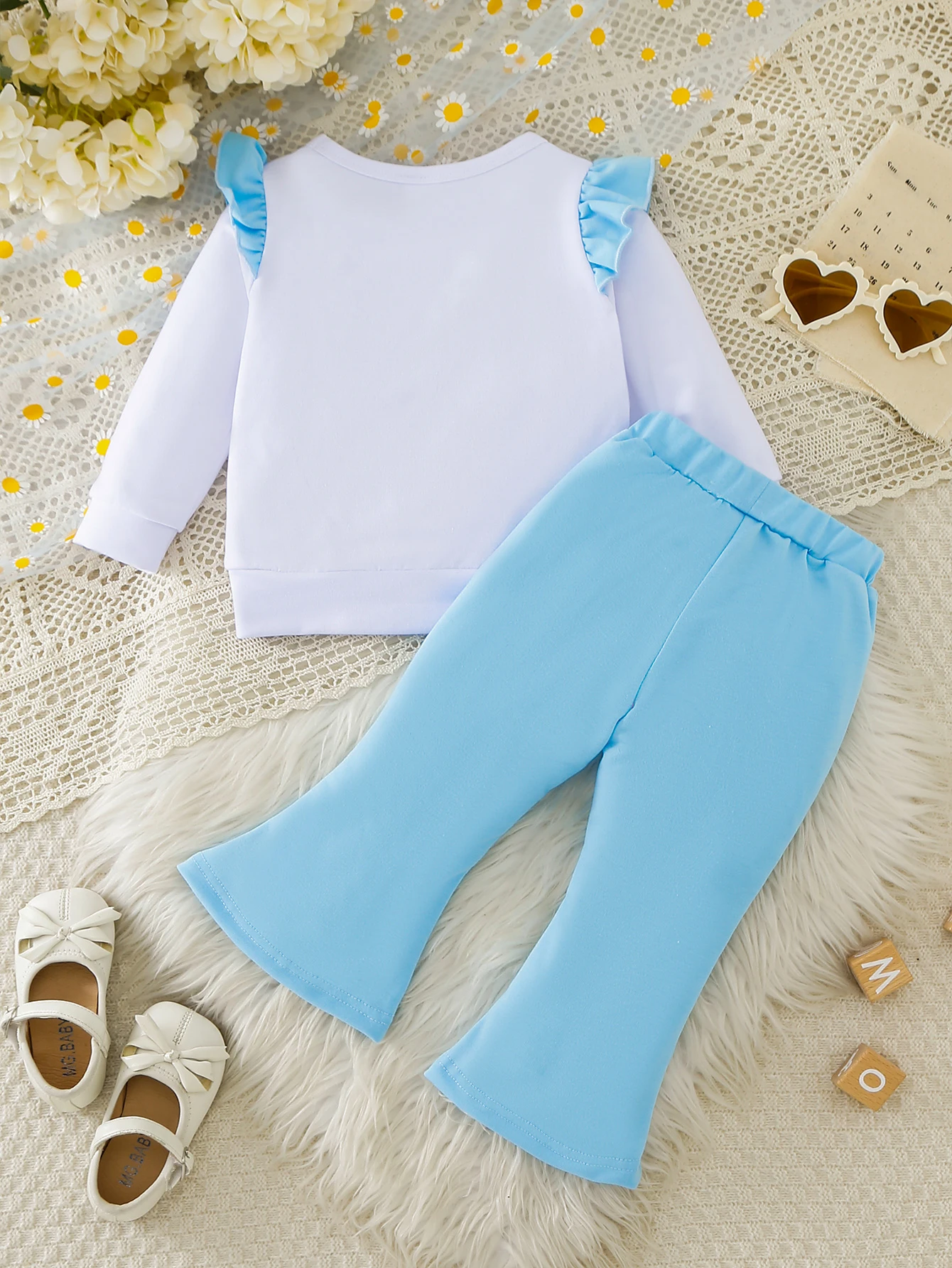 1-3T Toddler Girl 2Pcs Fall Winter Outfit, White Ruffle Shoulder Thick Sweatshirt Bow Letter Print + Light Blue Flare Pants