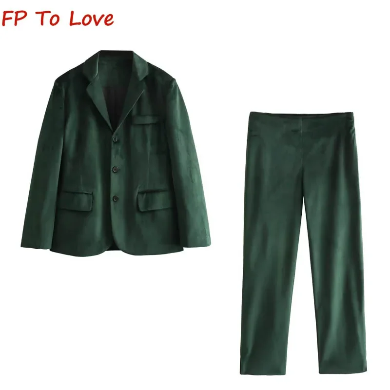 Autumn Winter Office Commuter Green Slim Fit Blazer 9130079 PB&ZA Woman Streetwear Velvet Straight Leg Pants 9153079