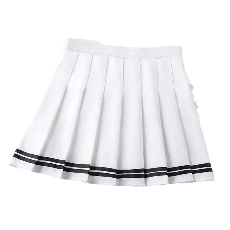 Damen Hochgeschnittener Plissierter Minirock A-Linie Gestreifter Saum Preppy-Stil Sommer Tennis JK Uniform – Detail 13