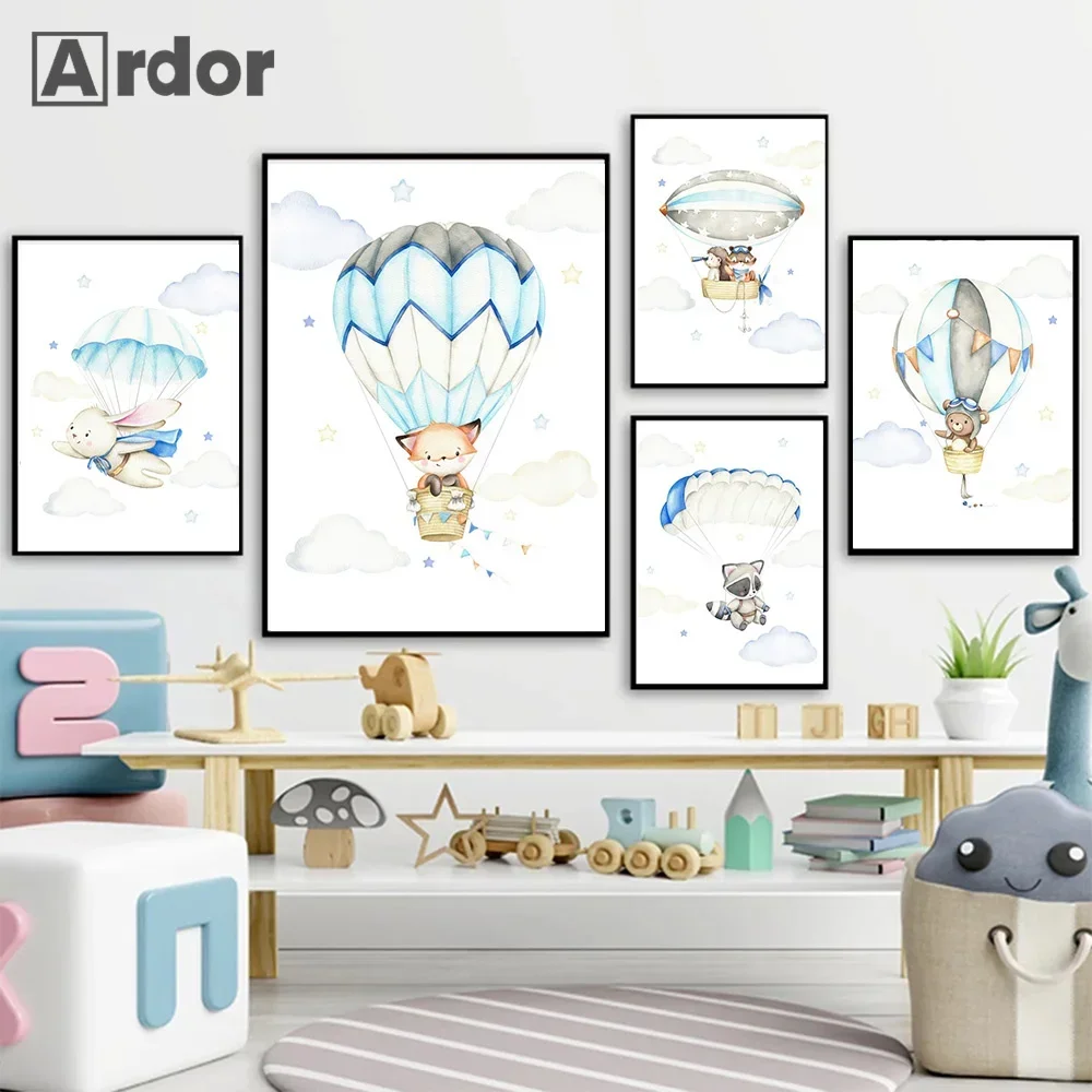 

Rabbit Bear Poster Hot Air Balloon Parachute Canvas Painting Nursery Art Prints Nordic Wall Art Pictures Kids Room Decoration