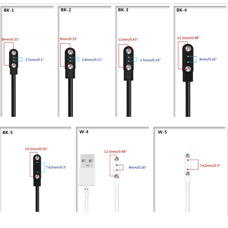 2 Pin Strong Cable USB Charging Line Cord Rope Black White Color for Smart Watches Universal