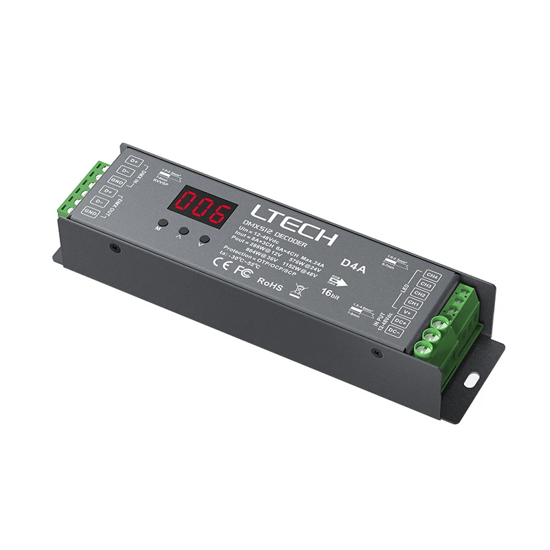 LTECH DMX/RDM 4 Channel CV Constant Voltage Decoder DC12-24V 6A/CH 24A(4CH) LCD Display DMX512 Slave Green Terminal/RJ45 Port