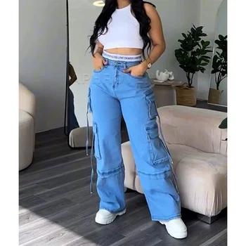 Denim Düz Kot Geniş Bacak Kadın Yüksek Bel Gevşek Pantolon Y2K Pantolon Hip-Hop Streetweed Bel Colorblocked Tasarım Gevşek Kot