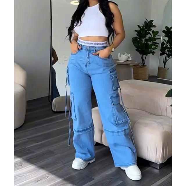Denim Straight Jeans Szerokie nogawki Kobiety Wysoka talia Luźne spodnie Y2K Spodnie Hip-hop Streetwear Talia Colorblocked Design Luźne dżinsy