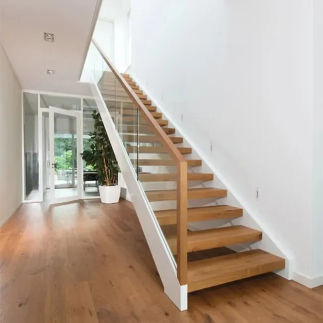 التصميم الحديث الطابق الثاني درابزين الدرج الداخلي من الخشب الصلب أضواء الخطوة أحادية سترينجر درابزين معدني #6