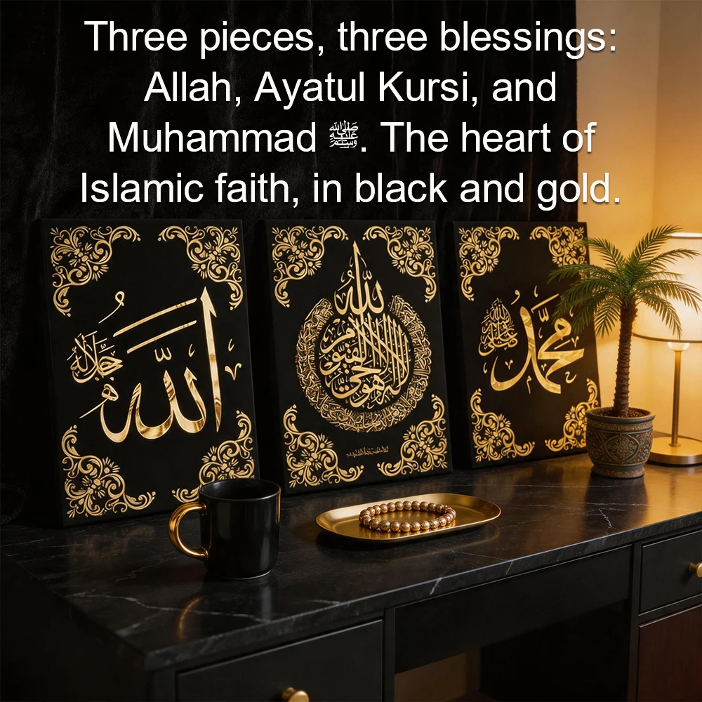 3pcs/Set Wooden Frame Canvas Wall Art, Black Golden Floral Religious Script Paint, Living Room Bedroom Kitchen Office Home Decor