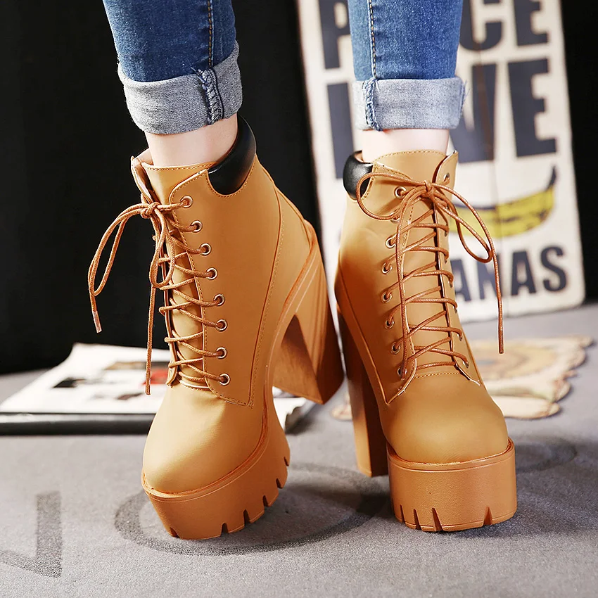 BYQDY Japanese Round Toe Ankle Boots For Woman Fashion Square Heels Flock Ladies Booties Lace Up Platform Footwear Plus Size