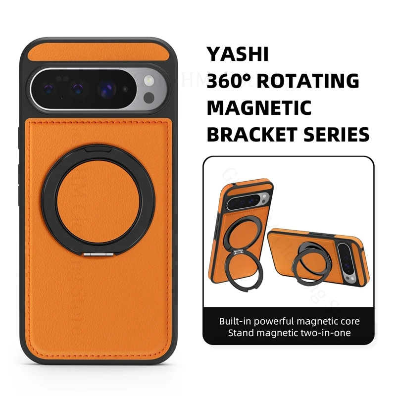 

For Google Pixel 10 Pro XL Wireless Charging Leather Phone Case For Pixel 10 9 Pro XL 9a 360° Magnetic Ring Bracket Stand Cover