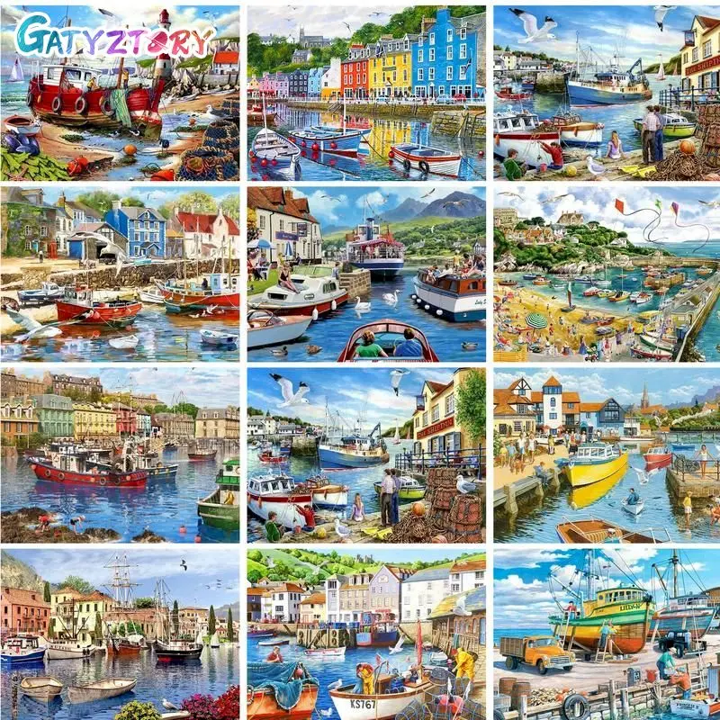 

GATYZTORY Acrylic Painting By Numbers Seascape Town Landscape Adults Crafts Wall Decors On Canvas Bikes Handmade Gift