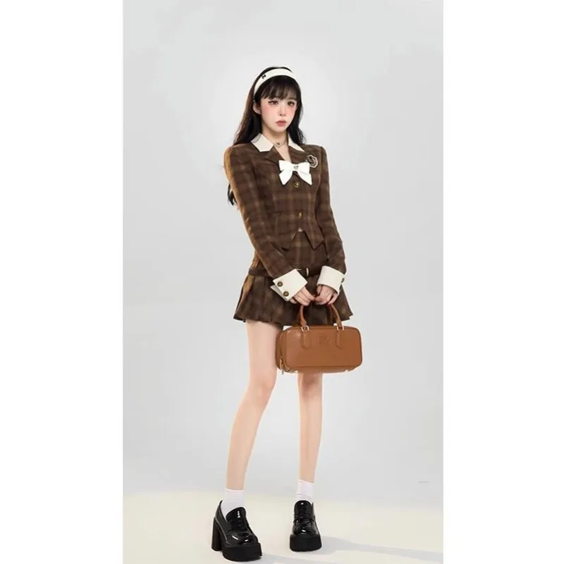 Large Size College Style Fake Two-piece Plaid Fashion Suit Skirt Women 2024 Autumn and Winter Korean   Outfit Set