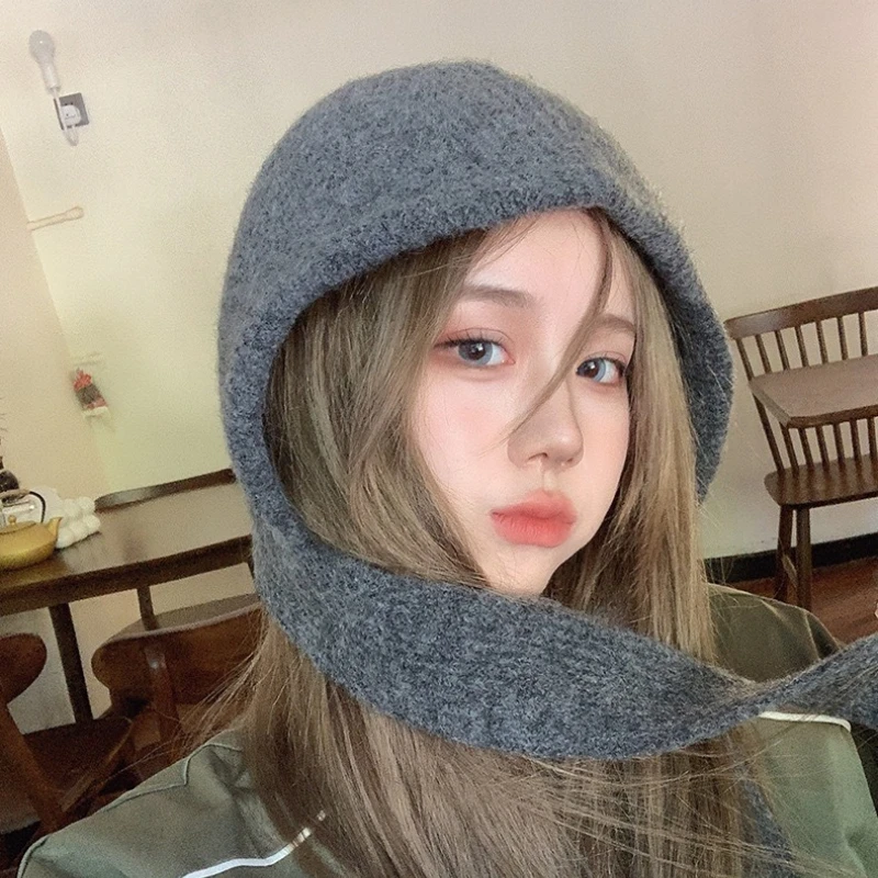 

Korean Style Warm Knitted Balaclava Scarf Hat One Piece Women Winter Thickened Bonnet Neck Protection Windproof Cold