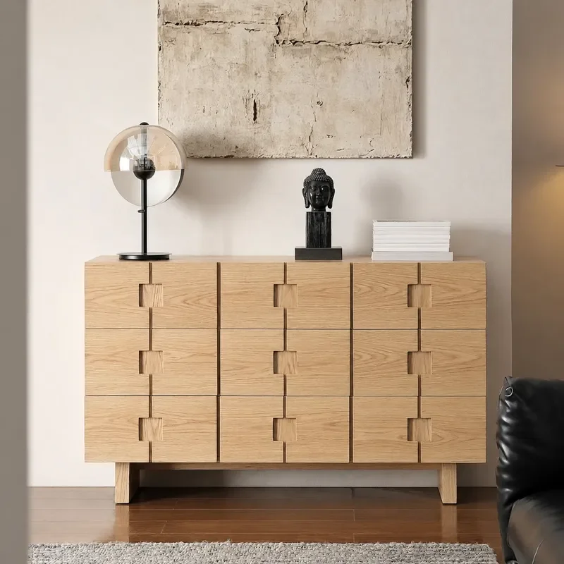Medieval Style Solid Wood Dining Side Cabinet Living Room Bedroom Wall Mounted Wabi Sabi Retro Storage Integrated Nine Drawer