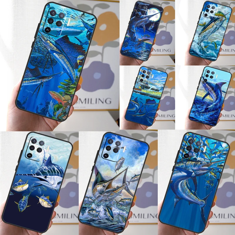 Blue Marlin Painting For OPPO A17 A16 A15 A54 A74 A94 A58 A78 A98 A76 A96 A5 A9 A52 A72 A77 A79 A53S A57S Case