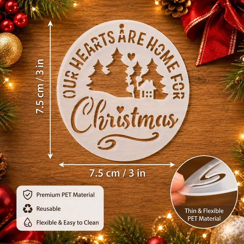 8Pcs Christmas Ornament Stencils Reusable PET Stencils for Painting Round Holiday Templates Tree Snowman Santa DIY Decor