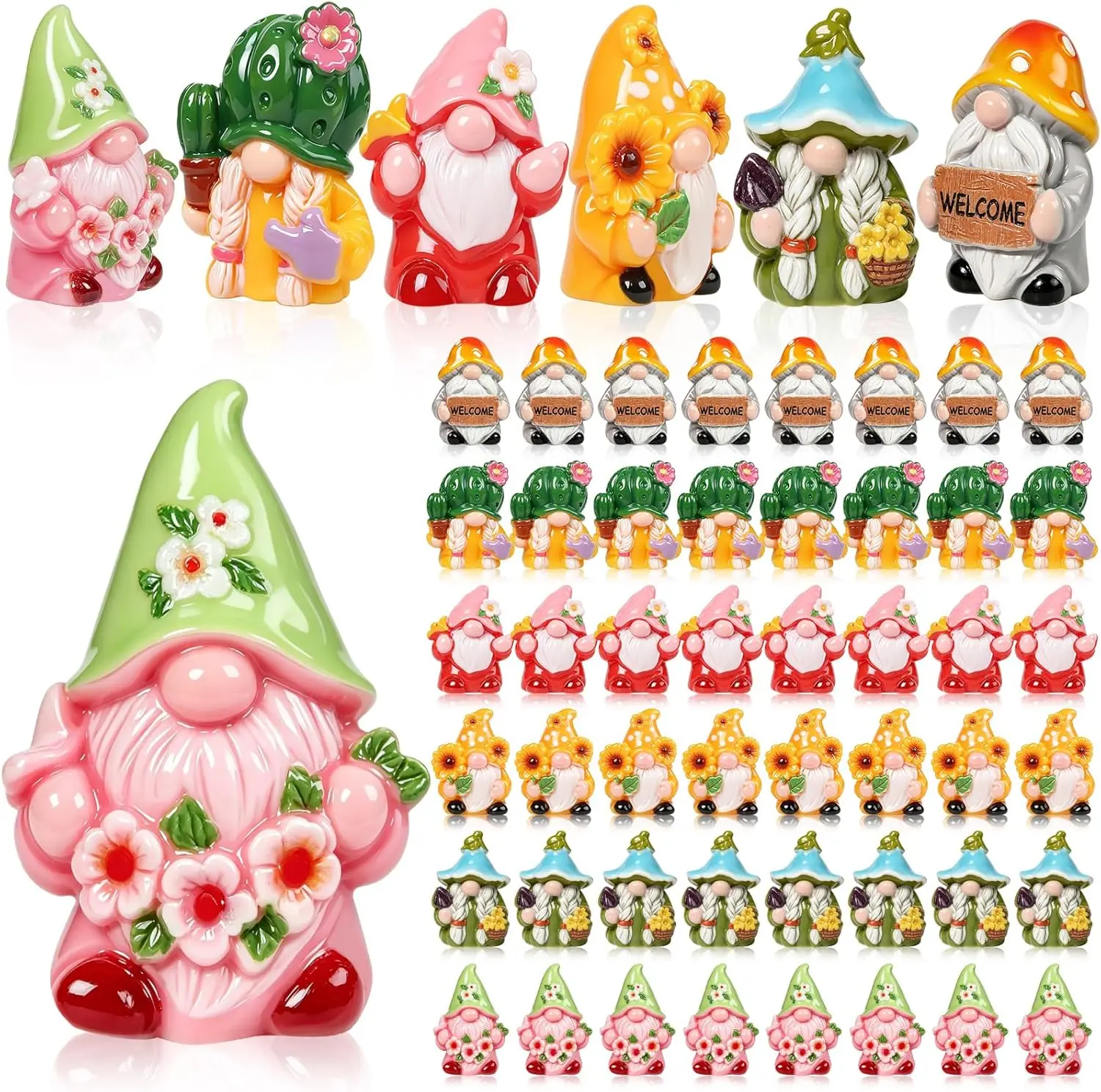 30 Pcs Spring Mini Gnomes Figurines 6 Style Spring Miniature Resin Gnome Decorations with Sunflower Cactus Flowers for Decor