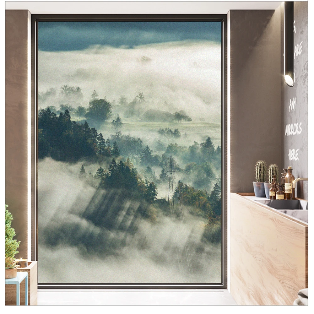 Static Cling Privacy Window Film Heat Control UV Blocking Window Glass Film Foggy Forest Scenery Frosted Window Film