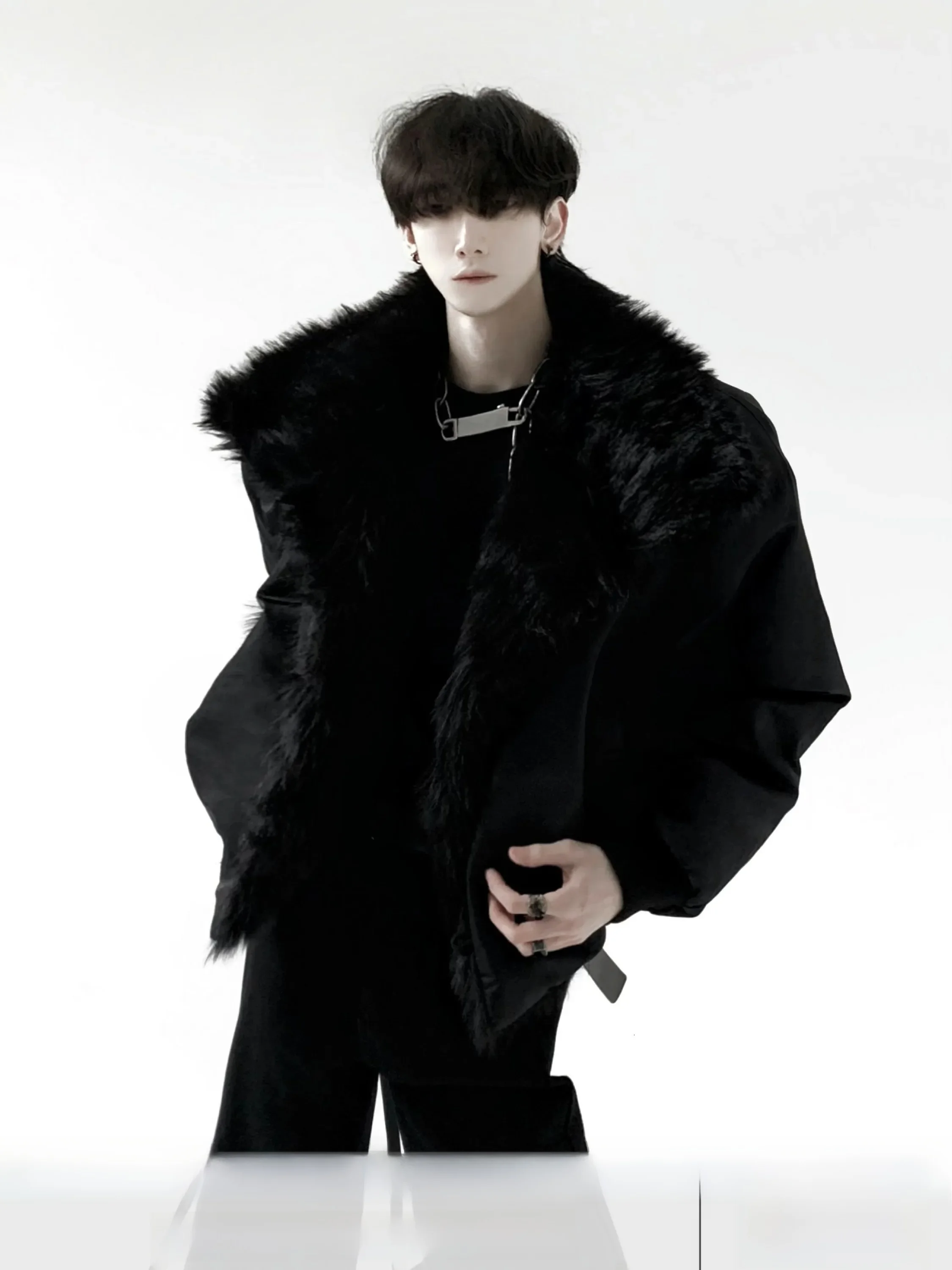 Autumn Mountain Wind Luxury Black  Fur Jacket Men's Winter Thickened Flocking Heavyweight Large Fur Collar Cotton Coat