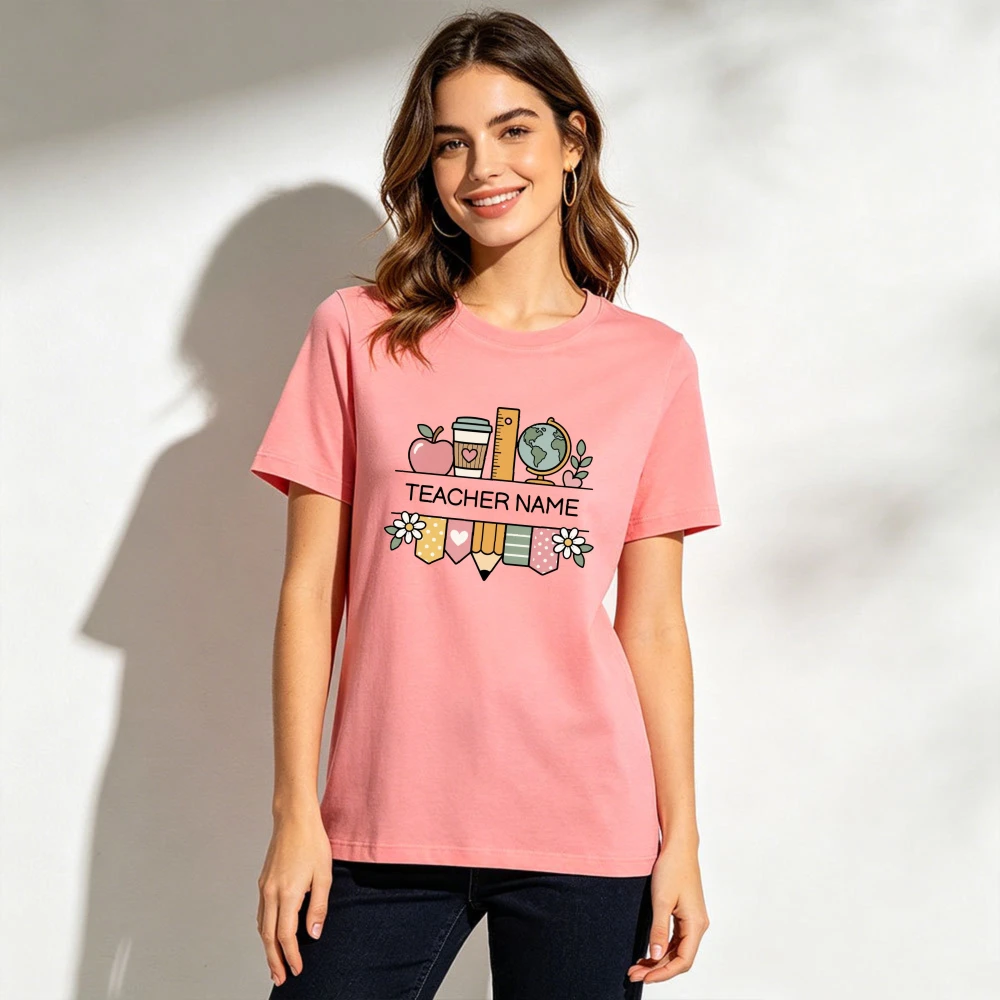 Teacher Checkered Apple Daisy Pencil Women Cotton T Shirt Elementary Educator Cute Preppy Graphic Vibe Tee Teacher Gift T-Shirt