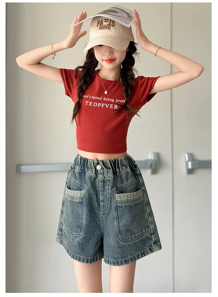 Retro-Design Mädchen-Jeansshorts für Teenager, Sommer-Freizeitshorts mit Taschen, Hochwertige Kinder-Modehose, Alter 5-14 Jahre – Detail 3