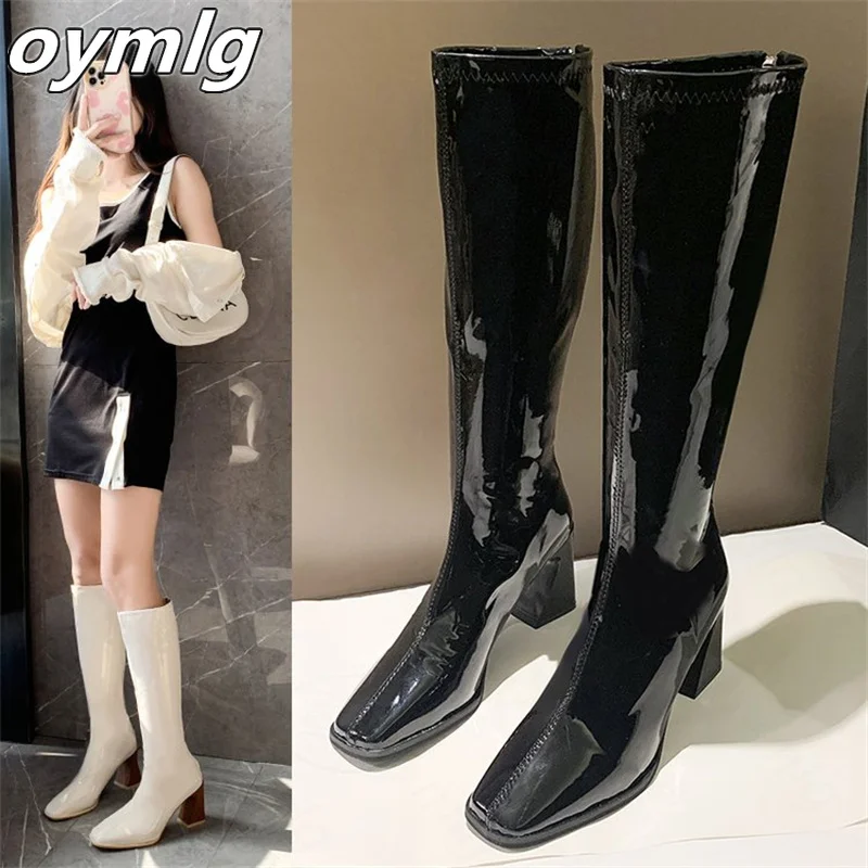 Long boots women\'s knee-high 2022new autumn and winter patent leather square-toe high boots rear zipper high-heeled knight boots